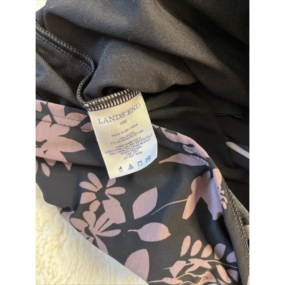 Lands End 16 W Black Brown Floral Print Tankini Swimsuit Swim Tank w/ Bra Boho